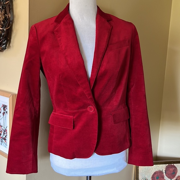 TALBOTS Size 6P Red Velvet Blazer Soft Stretch Cotton Career Vibrant $149 NEW - Picture 1 of 11